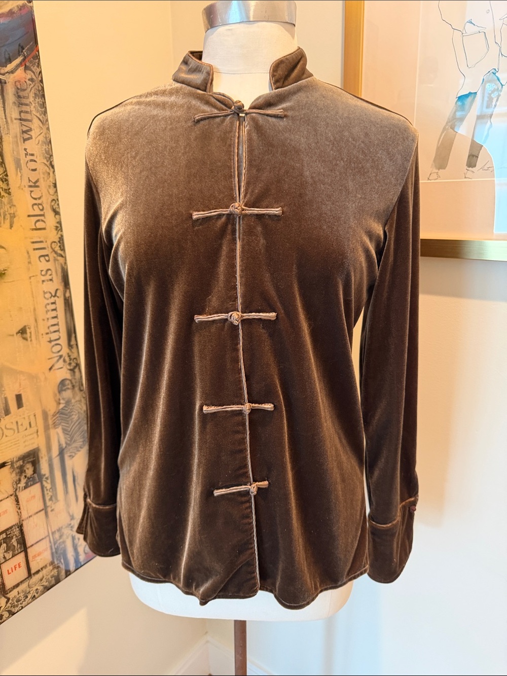 Harve Benard Brown Velvet Mandarin Collar Jacket